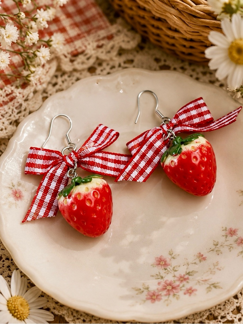 Strawberry Earrings with Red Gingham Bows